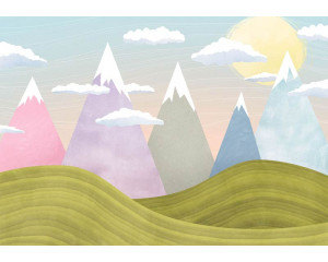 Fototapete mit schneebedeckten Berggipfeln, mit detaillierten Linien und Schatten für eine rustikale Atmosphäre.