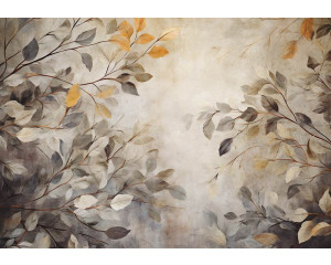 Blätter auf einer Betonwand, dargestellt auf einer malerischen Fototapete mit Naturdetails.