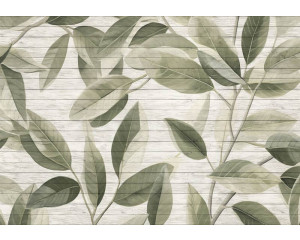 Fototapete mit Blättern auf Holzbrettern, mit einem natürlichen und rustikalen Look.