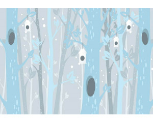 Fototapete mit blauen Bäumen in einem Wald, geeignet für Babyzimmer.