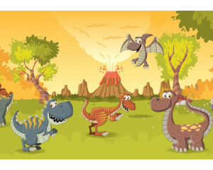 Glückliche Dinosaurier stehen vor einem Vulkan, während die prähistorische Umgebung auf diesem Fotohintergrund zum Leben erwacht.