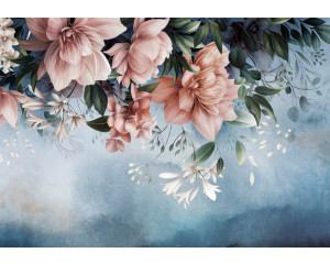 Fototapete mit Blumen und Blättern in Altrosa, gerendert auf einem konkreten Hintergrund.