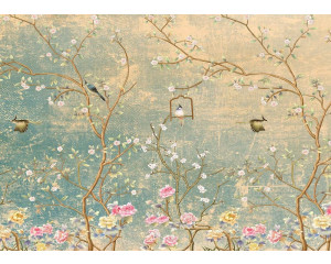 Fototapete Blumen und Vögel auf Grunge-Wand