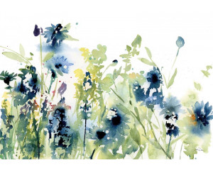 Fototapete mit türkisfarbenen Blumen im Aquarell- und Aquarellstil auf einem weißen Hintergrund.