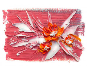 Blumen und Farbe auf Leinwand in abstraktem Kunstwerk auf Fototapete dargestellt.