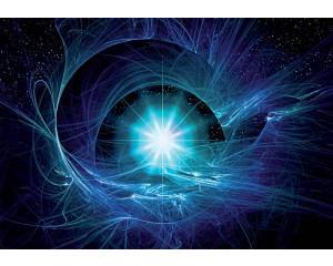 Blaue Supernova mit Sternen und Planeten im Universum, eingefangen auf dieser Fototapete mit einem tiefblauen Kosmos.