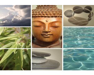 Fototapete mit Buddha-, Yoga- und Pilates-Symbolen in einer harmonischen Collage.