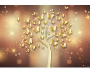 Fototapete mit einem glitzernden Baum voller Schmetterlinge, die in einem goldenen und abstrakten Stil dargestellt sind.