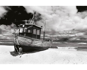Fototapete eines am Strand angedockten Schiffes, mit den Wellen des Meeres im Hintergrund.