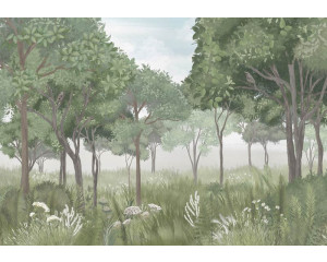 Fototapete eines Waldabenteuers für Kinder, mit einer spielerischen und phantasievollen Umgebung.