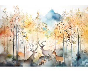 Aquarell von Waldtieren wie Hirschen und Vögeln in einem Märchenwald, gerendert auf einer kinderfreundlichen Fototapete.