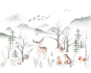 Fototapete mit Waldtieren in einer dichten Waldumgebung, mit leuchtenden Farben und natürlichen Strukturen.