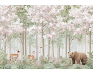 Fotobehang met tropische bladeren in groene tinten tegen een lichte achtergrond.