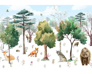 Fototapete mit Waldtieren wie einem Bären, einem Reh, einem Fuchs und Vögeln in einer malerischen Harmonie in einer Waldlandschaft.