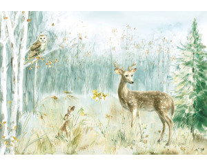 Fototapete mit Waldtieren, darunter ein Reh, eine Eule und ein Kaninchen, die kunstvoll in einem malerischen Stil dargestellt sind.