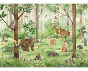 Ein Waldtierparadies-Fotohintergrund mit niedlichen Tieren wie Rehen, Eichhörnchen und einem Bären in einem Märchenwald.