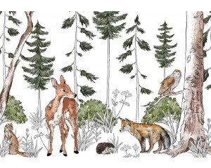 Kindertapete eines abenteuerlichen Waldes voller Tiere, mit einem Waldhintergrund und verspielten Waldtieren.