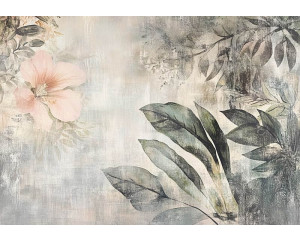 Fotobehang met een botanisch kunstwerk van tropische bladeren en planten in een schilderachtige compositie.