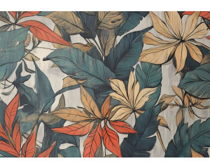 Fotobehang met botanische bladeren in warme oranje, oker en groene tinten.