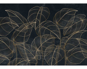 Eine Fototapete mit botanischen Blättern und goldenen Akzenten, die tropische Blätter mit raffinierten goldenen Details für ein luxuriöses Aussehen kombiniert.