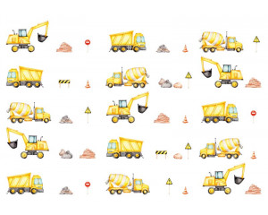 Fototapete zum Thema Baustellenverkehr auf einer Baustelle mit Kinderfahrzeugen wie Bagger und LKW.