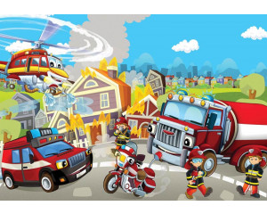 Fototapete mit Feuerwehrautos und Fahrzeugen, perfekt für Kinderzimmer.