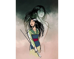 Die tapfere Mulan-Fototapete zeigt Mulan in harter Kampfpose vor einem nebligen Hintergrund mit traditionellen chinesischen Tempeln.