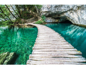 Holzbrücke über einen türkisfarbenen Teich, Natur-Fototapete mit einem ruhigen Blick auf einen Teich.