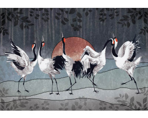 Fototapete mit tanzenden Kranichen, die in einer künstlerischen Komposition dargestellt sind.