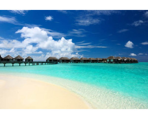 Fototapete der wunderschönen Strände der Malediven, mit klarem blauen Wasser und weißen Sandstränden.
