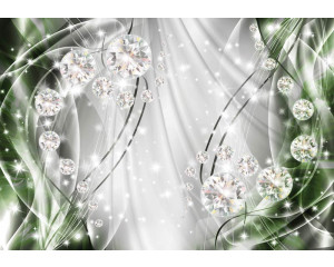 Fototapete mit smaragdgrünen und silbernen Diamanten, schimmernd und abstrakt.