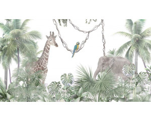 Fototapete mit tropischen Tieren, die sich durch dichten Dschungel bewegen, umgeben von exotischen Bäumen und Pflanzen.