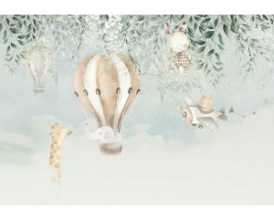 Fototapete von Tieren in den Wolken, mit einer Giraffe in einem Heißluftballon.