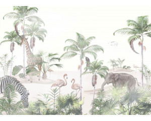 Tiere bewegen sich durch den dichten Dschungel, umgeben von üppiger Natur auf diesem tropischen Fotohintergrund.