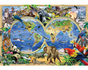 Weltkarte für Kinder mit Tieren wie Elefanten, Löwen und Eisbären, anschaulich und spielerisch dargestellt auf dieser Fototapete.