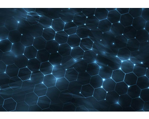 Fototapete mit digitaler Hexagonstruktur in Blautönen und futuristischem Licht.