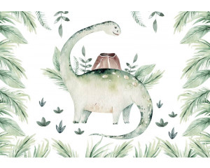 Fototapete mit Dinosauriern und botanischen Blättern, perfekt für einen abenteuerlichen Look.