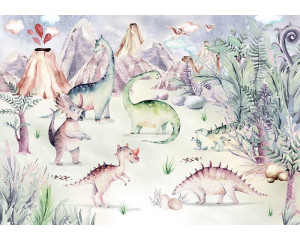 Kindertapete mit Dinosauriern, die in einem bunten Dschungel spielen, speziell für Kinderzimmer.