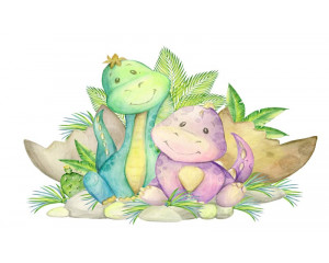 Fototapete von Dino-Freunden, die gemeinsam eine prähistorische Umgebung durchqueren, mit einem spielerischen und abenteuerlichen Gefühl.