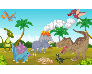 Eine Gruppe von Dinosauriern in einer prähistorischen Landschaft vor einem Vulkan, gerendert auf Fototapete.