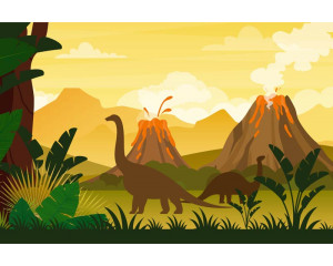 Fototapete mit Dinosauriern, die sich in der Nähe eines Vulkans bewegen, in einer dramatischen prähistorischen Umgebung.