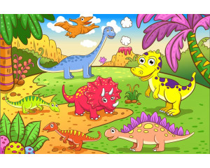 Dinosaurier vor einem Vulkan, abgebildet auf einer dramatischen und detaillierten Fototapete.