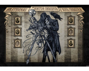 Doktor Obsidius Fototapete mit Totenköpfen und einem skelettierten Fotografen.