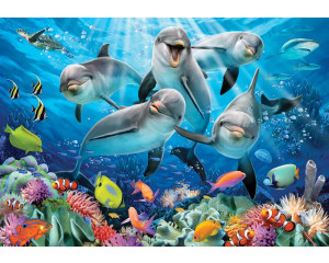 Delphine unter Wasser, Aquarium Fototapete mit einer fröhlichen und lebendigen Atmosphäre für Kinderzimmer.