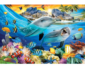 Delfine in einer Unterwasserwelt, Aquarium-Fototapete mit Palmen und einem tropischen Look.