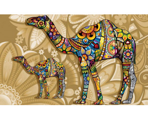 Dromedar mit Kunstwerk von Blumen auf Fototapete, bunt und künstlerisch.