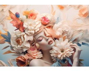 Elegante Frau zwischen pastellfarbenen Blumen, attraktiv dargestellt auf einer künstlerischen Fototapete.