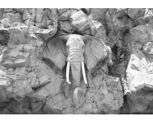 In Felsen geschnitzter Elefant, Fototapete in Grautönen mit künstlerischem und natürlichem Aussehen.