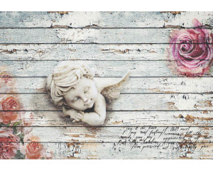 Fototapete eines Engels mit Rosen auf Holzbrettern, spirituell und klassisch.