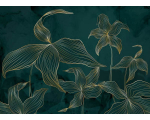 Eine Fototapete mit exotischen grünen und goldenen Akzenten, die üppige tropische Blumen und subtile Goldtöne für einen luxuriösen und natürlichen Look zusammenbringt.